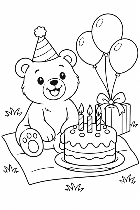 A friendly bear at a birthday picnic with a cake and large balloons
