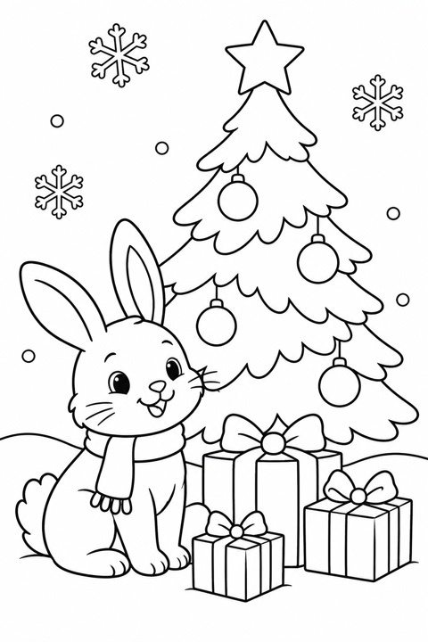 Woodland rabbit beside a Christmas tree and wrapped gifts, ready to color