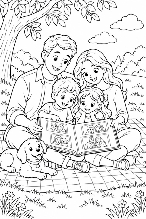Free coloring illustration of a family sharing a photo album at a picnic