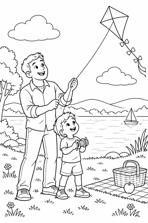 A father and child having a lakeside picnic with a kite and a basket