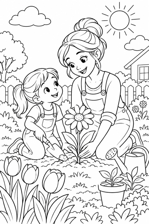 A mother and child planting flowers together with a watering can and garden pots