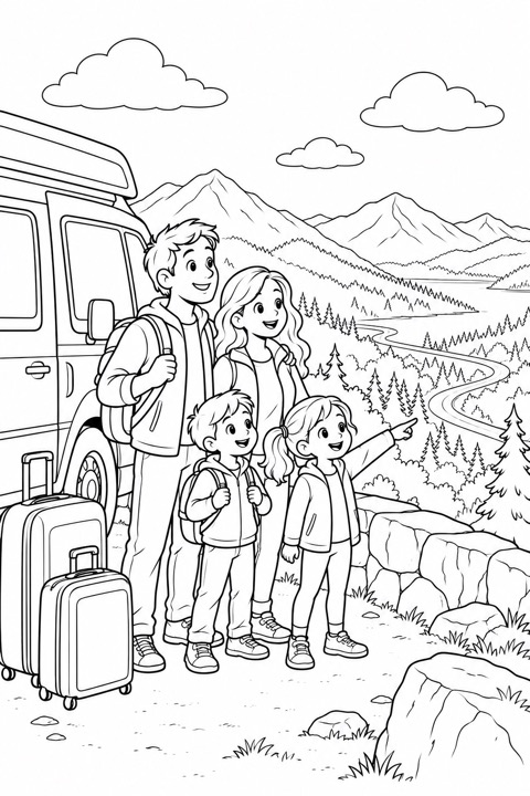 A camper on a mountain road with trees, rolling hills, and a bright open sky